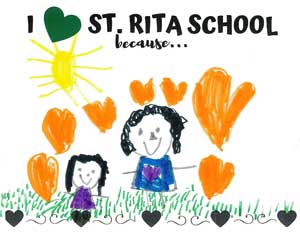 Student drawing the says I love St Rita school because and drawing or student and teacher with sun and grass and orange and black hearts
