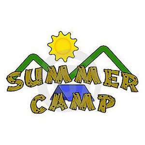 Tent under mountains and sun with words summer camp