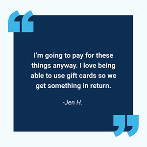Im going to pay for these things anyway. I love being able to use gift cards so we get something in return. -Jen H