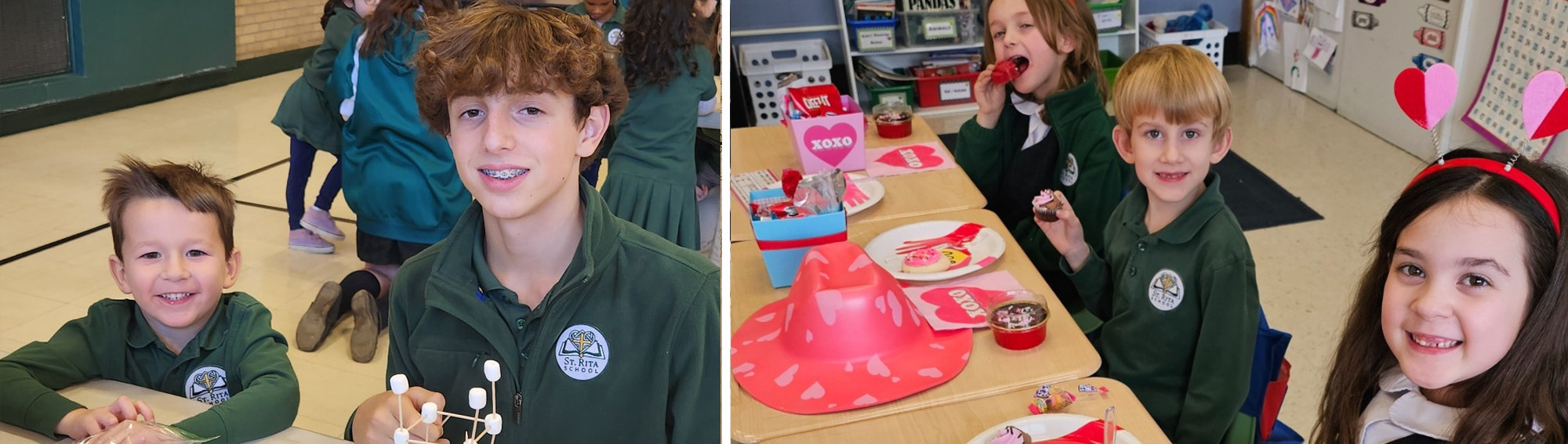 Happy students working on a science project and three students enjoying Valentine treats