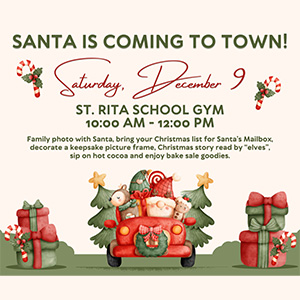 Santa with a tree in the back of a truck, two elves, ornaments and the information from the article.